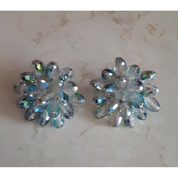 VTG Coro CLIP-ON EARRINGS 40s Retro Glam Grandmacore flower burst beads BLUE - Picture 1 of 9